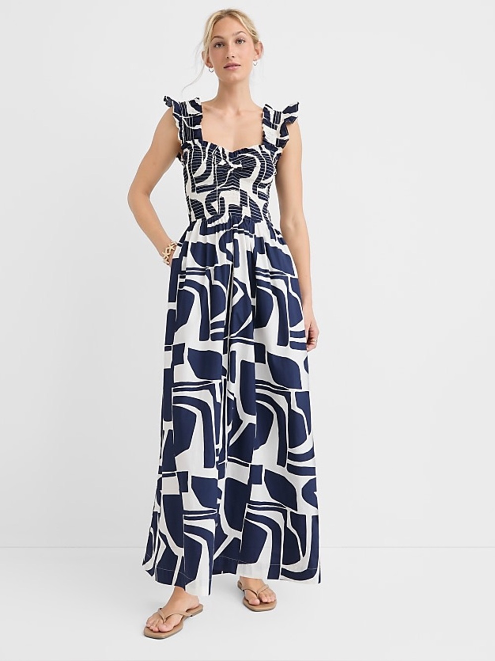 LOFT Beach Geo Poplin Ruffle Strap Maxi Pocket Dress NWT women’s size large